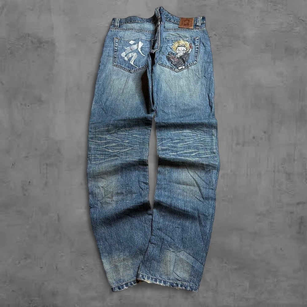 Vintage Embroidered Baggy Japanese Jeans Distressed Archive Patch Pockets 37x35